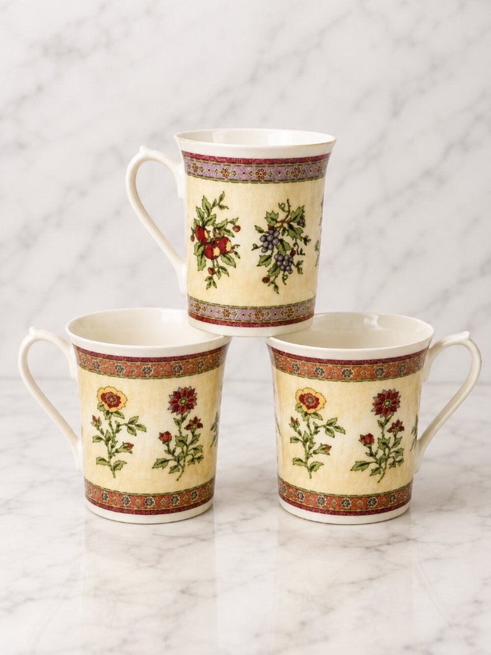Queens Est 1875 Fine Bone China Floral Mugs Set of 3 Made in England